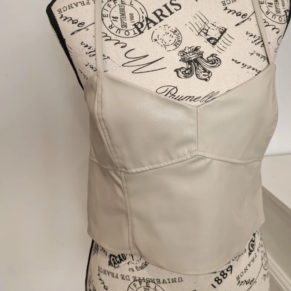 ZARA | Women's Cream Faux Leather Spaghetti Strap Crop Top - Picture 2 of 4